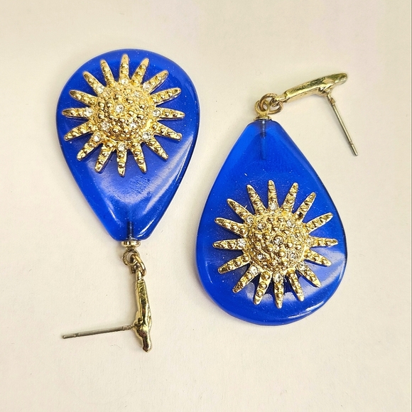 Marlyn Schiff Blue and Gold Starburst Studded Earrings - Picture 4 of 6